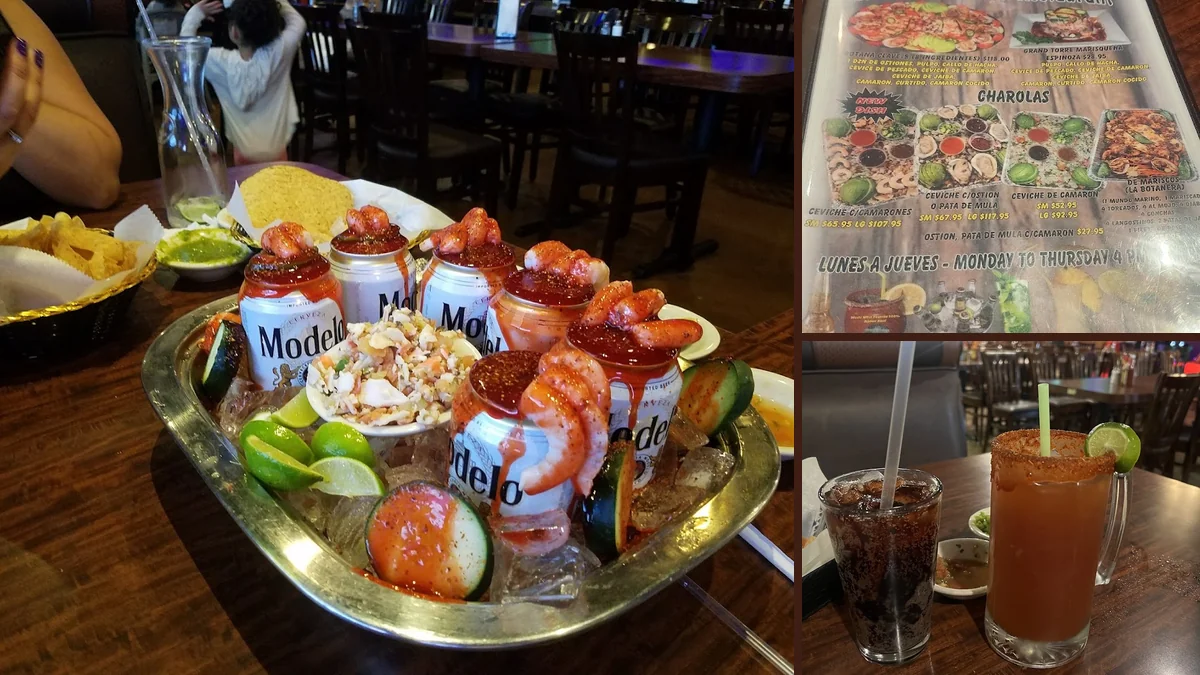 Plates of comfort food beside drinks.