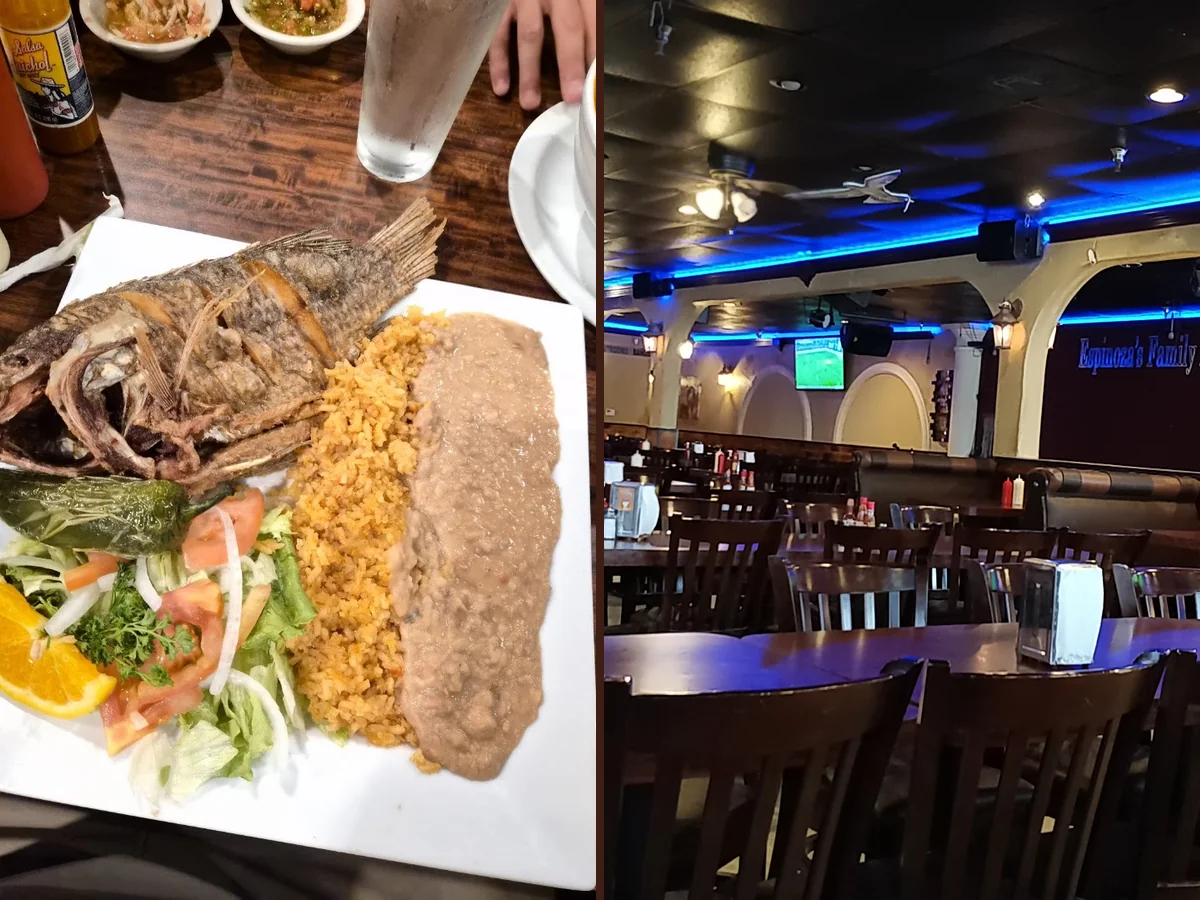 Seafood and Mexican dishes on a restaurant table.