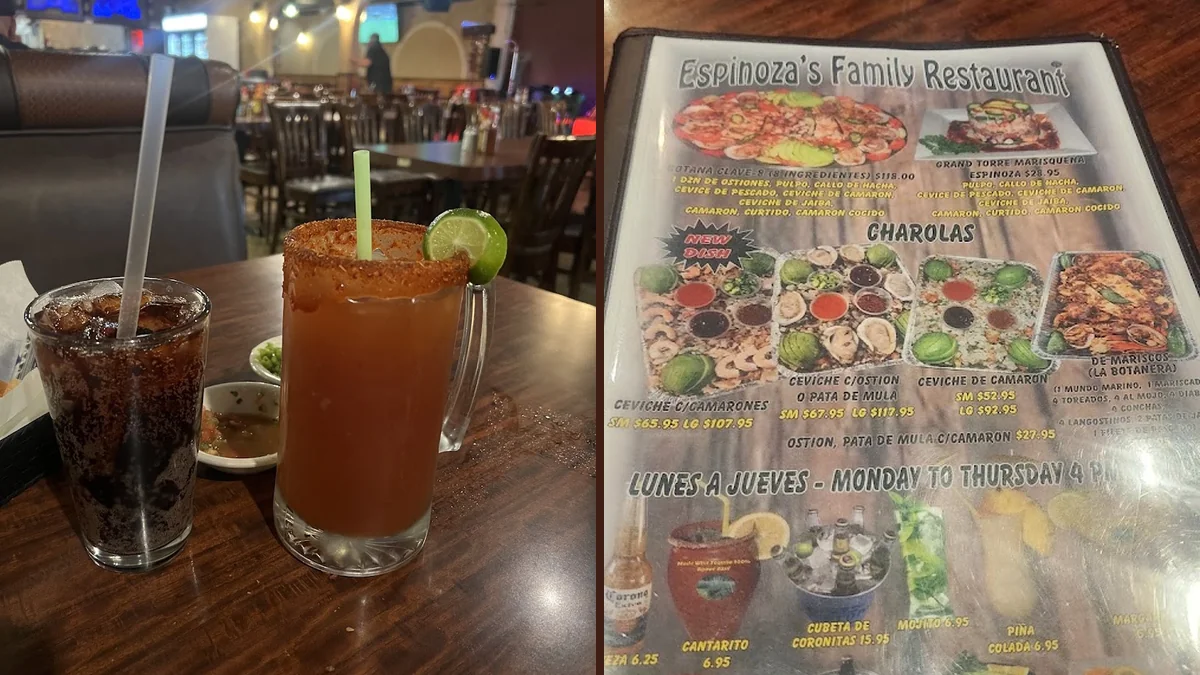 Plates of comfort food beside drinks.