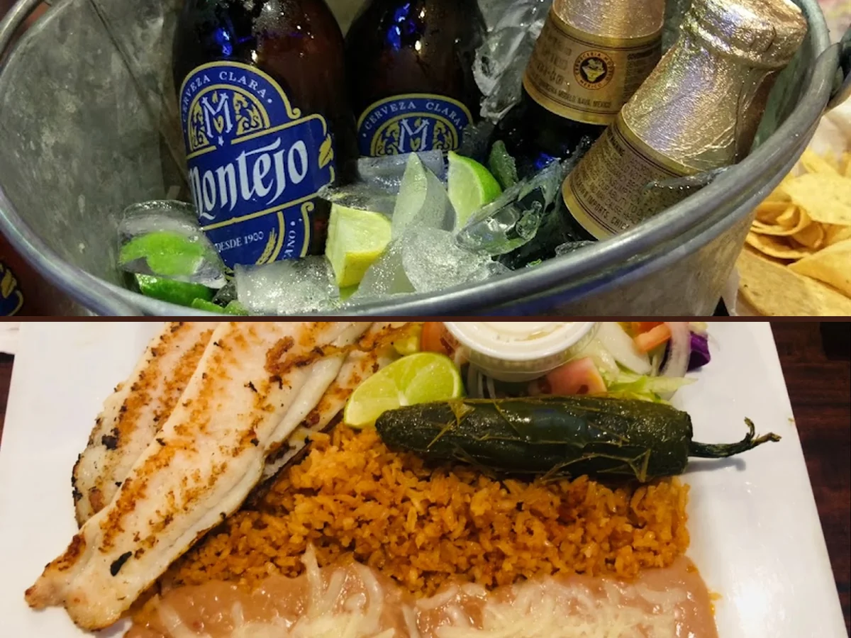 Seafood and Mexican dishes on a restaurant table.