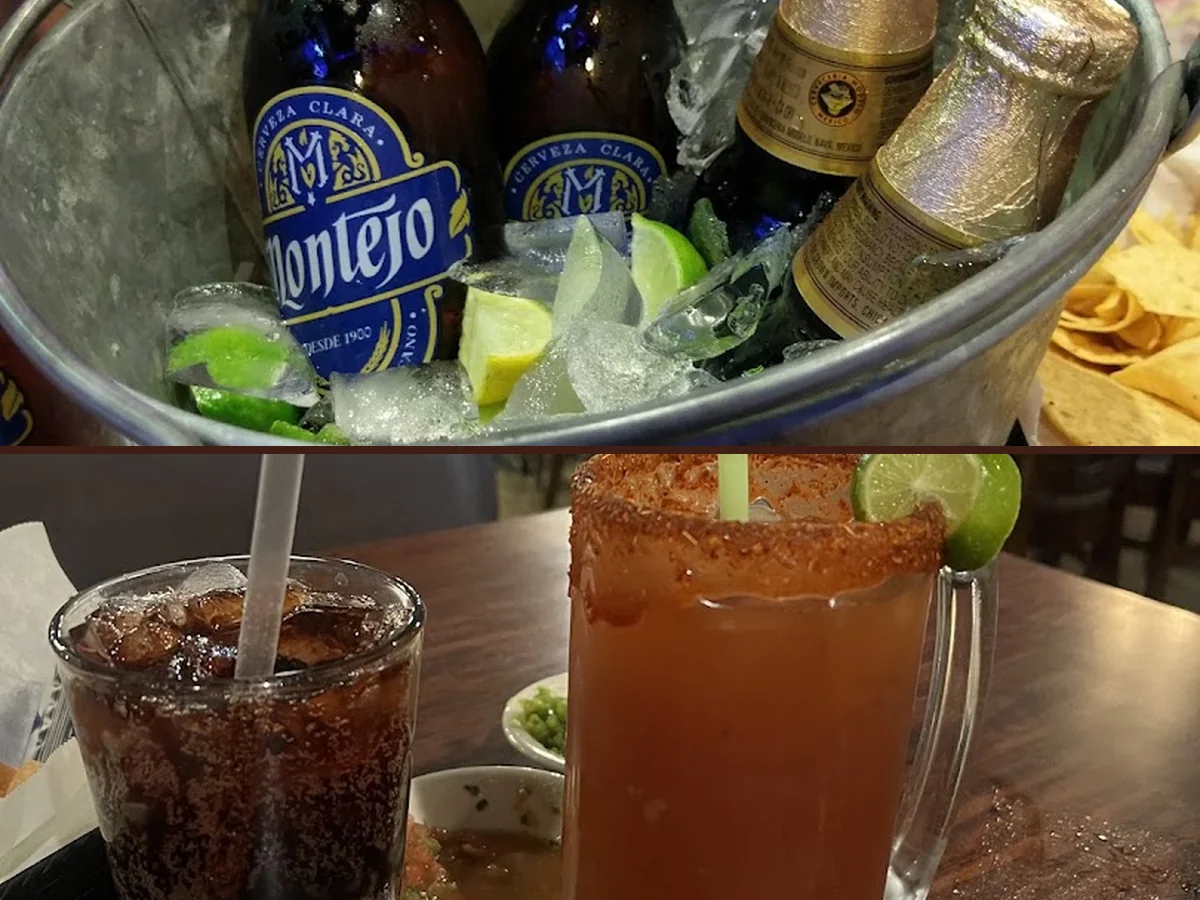 Plates of comfort food beside drinks.