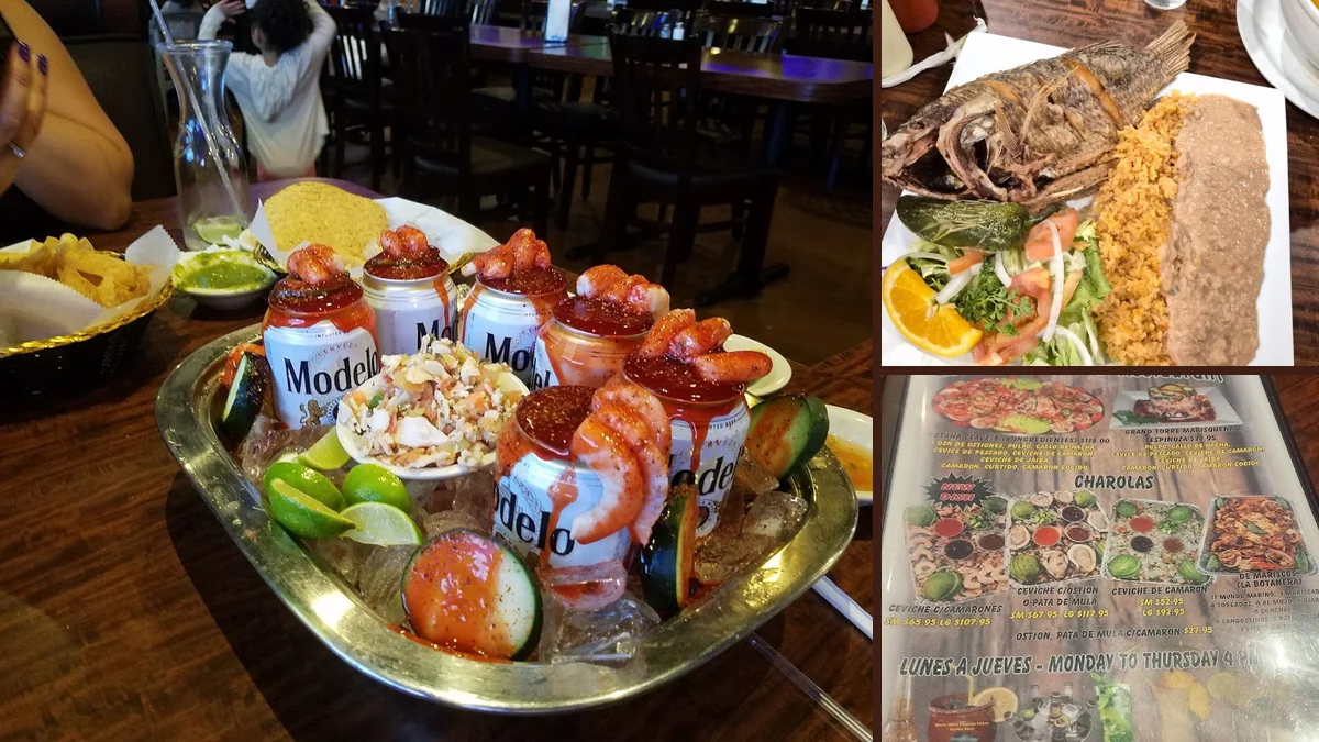 Seafood and Mexican dishes on a restaurant table.
