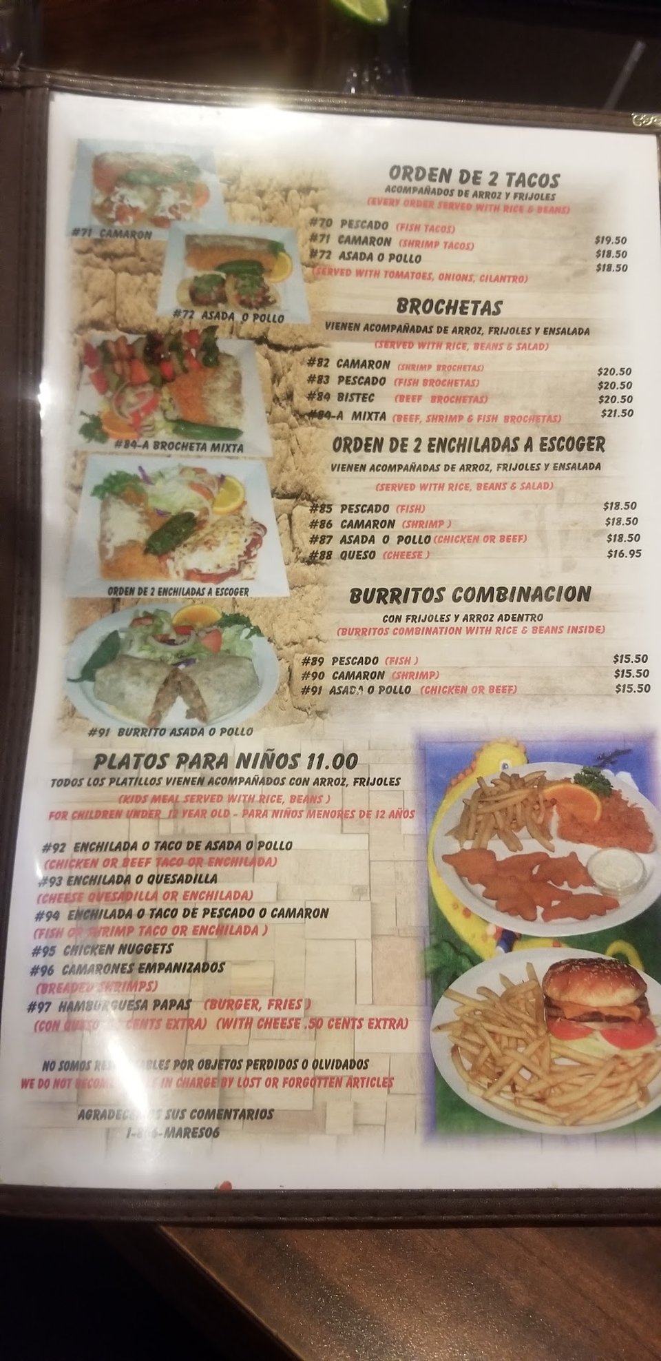 Menu-style spread of seafood and Mexican favorites.